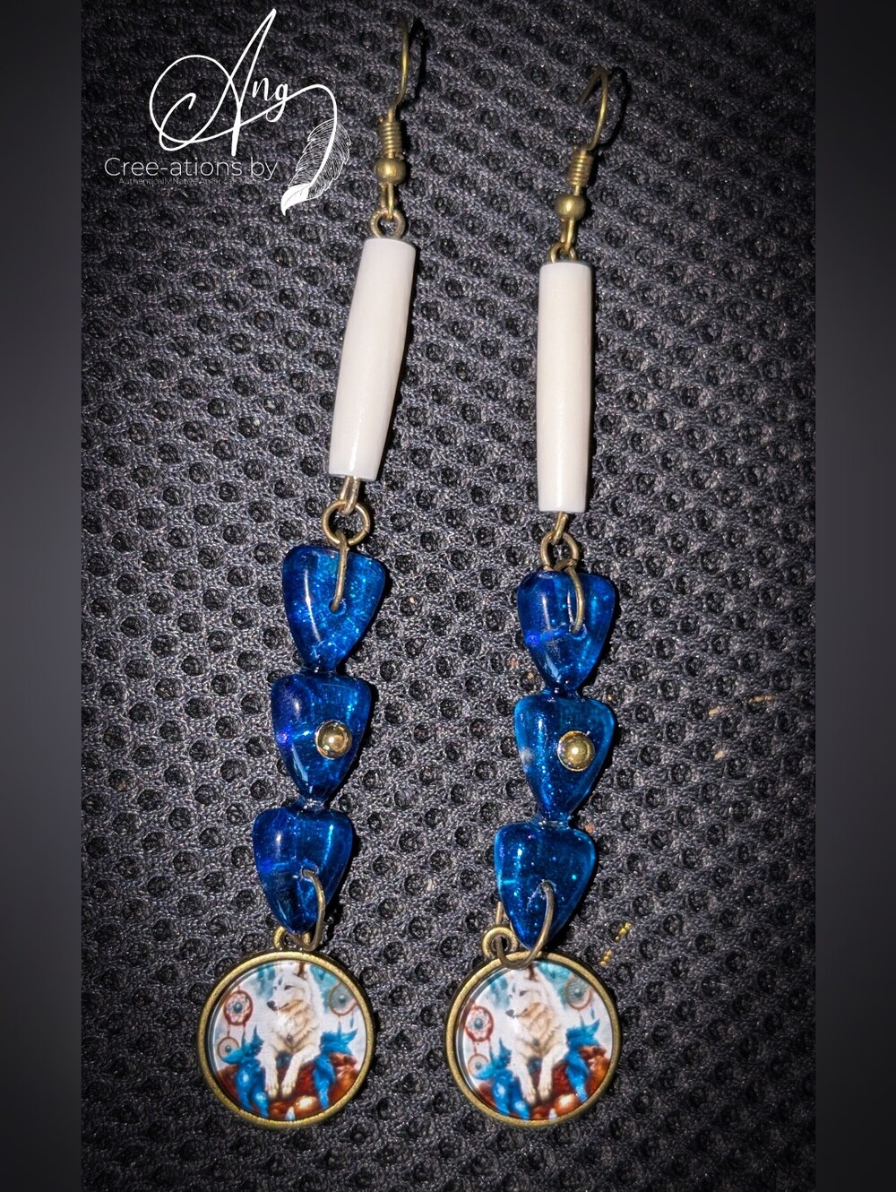 Blue Triangle & White Buffalo Bone Beads Earrings with Dreamcatcher Wolf Pendant